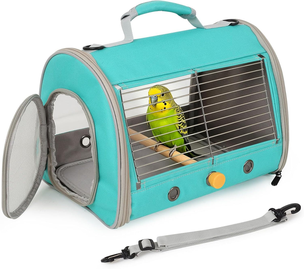 Bird Carrier, Portable Small Bird Parrot Parakeet Carrier with Standing Perch and Mat, Side Access - Green / Cylinder Design - Steel Window