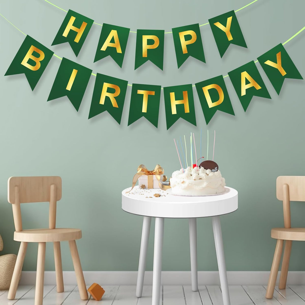 Happy Birthday Banner,Pre-Strung Black and Gold Party Decorations，16ft Pre-Strung Hanging Sign - green