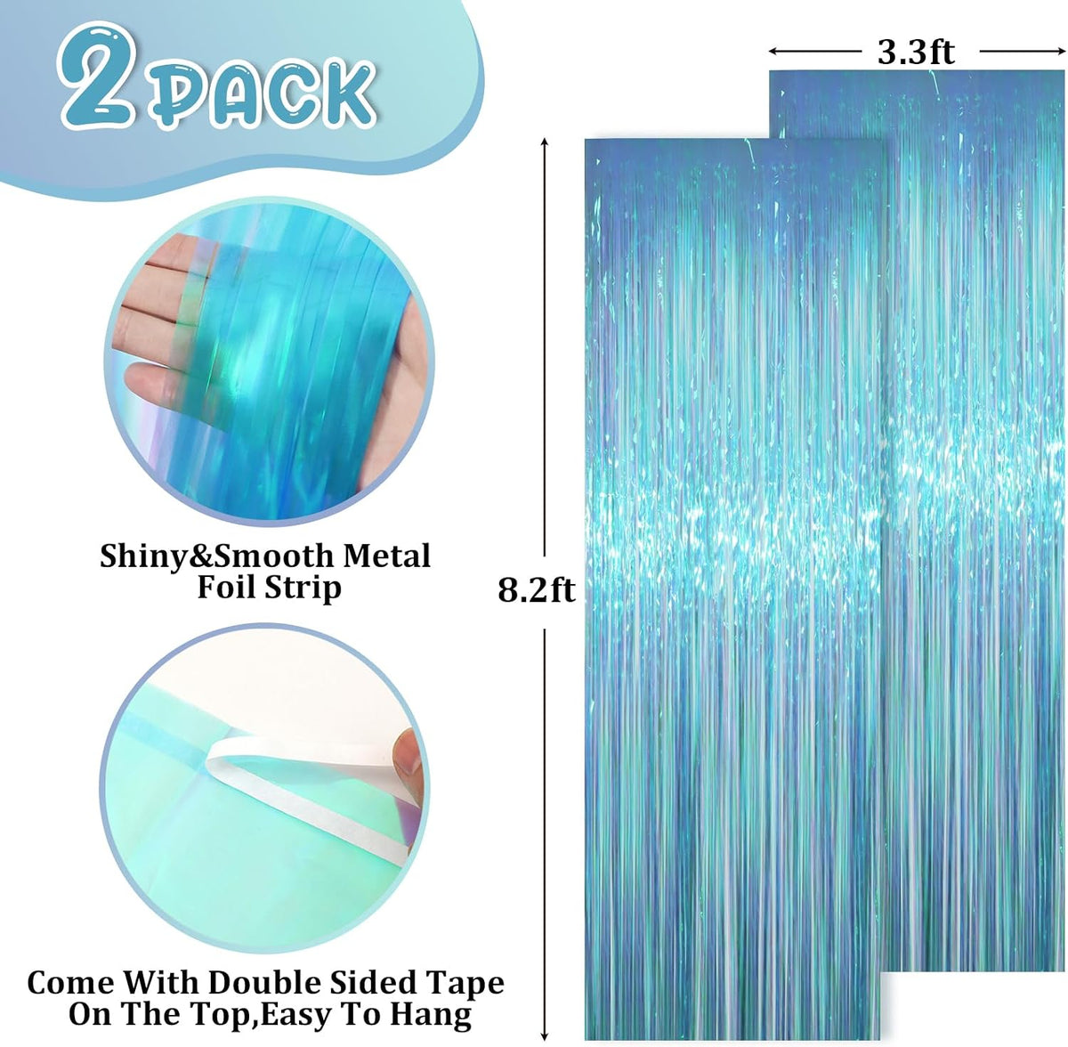 Voircoloria 2 Pack Gold Foil Fringe Backdrop Curtains - Iridescent Blue / 2 - image 2