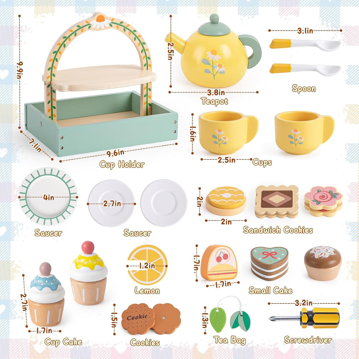 Toyssa wooden tea party set with cupcake stand, teapot, cups and play desserts - view 3
