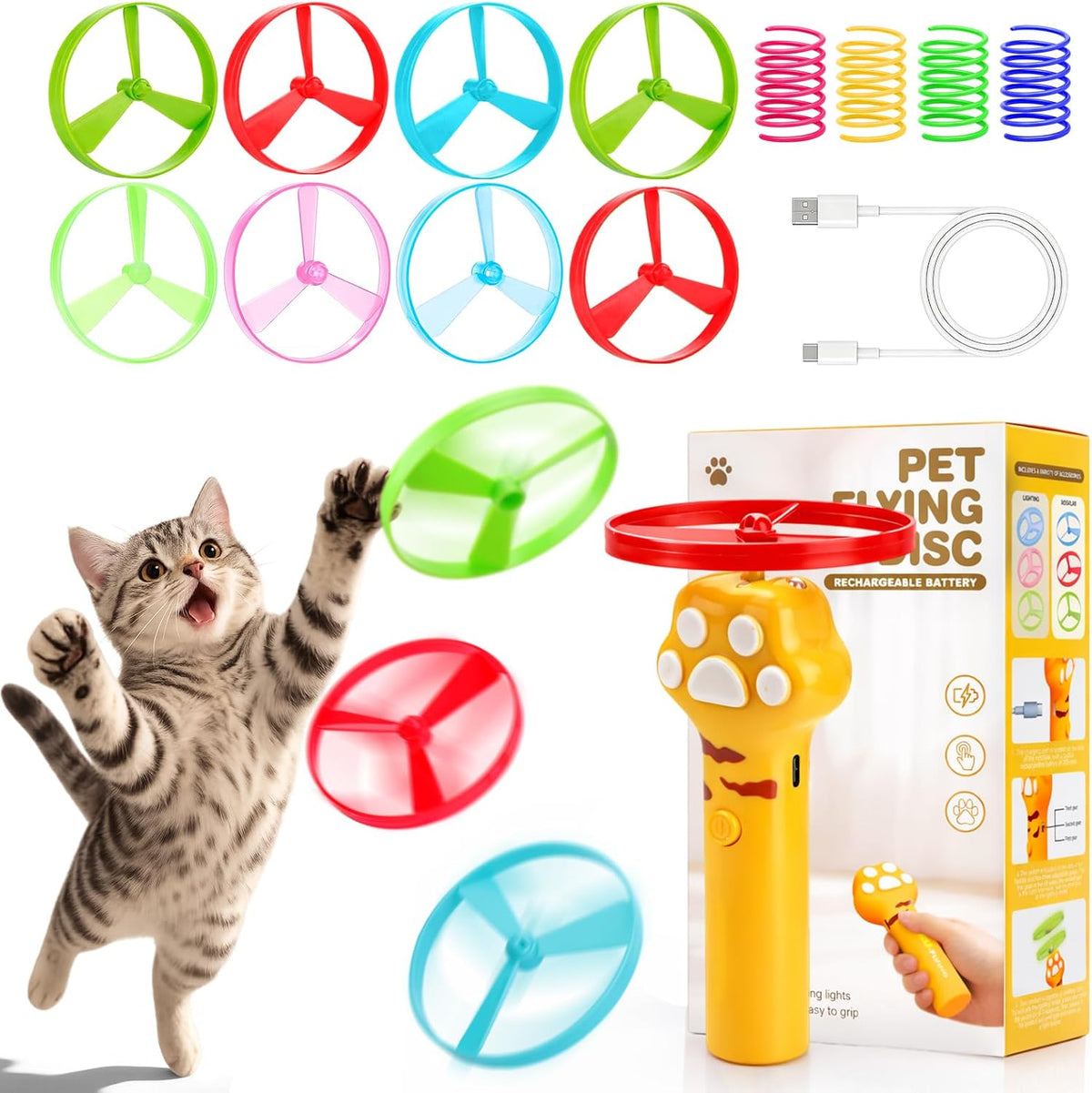 Cat Toy Disc Launcher, Rechargeable Interactive Cat Fetch Toy Launcher with 8 Flying Discs, Flying - Yellow