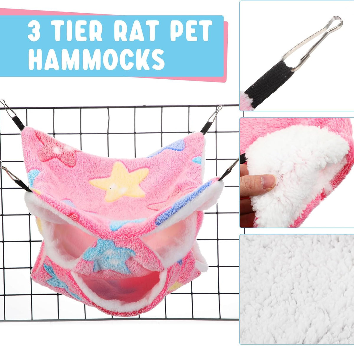 Abbylike 9 Pieces Rat Hammock 3 Tier Guinea Pig Ferret Hammocks Small - Green, Purple, Pink / Stars - image 2