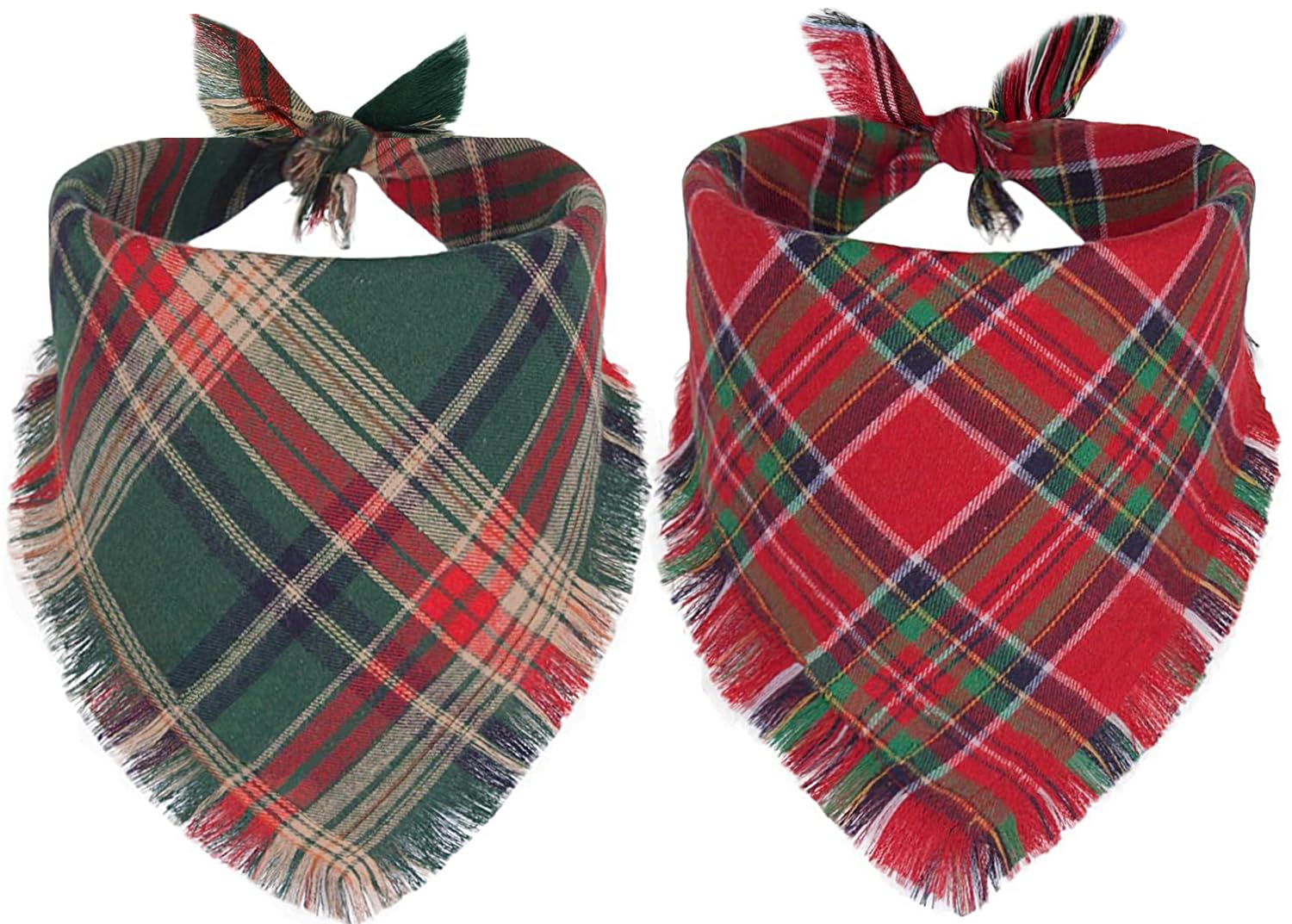2PCS Christmas Dog Bandanas – Red and Green Plaid with Tassels - BIG FRENCHIES