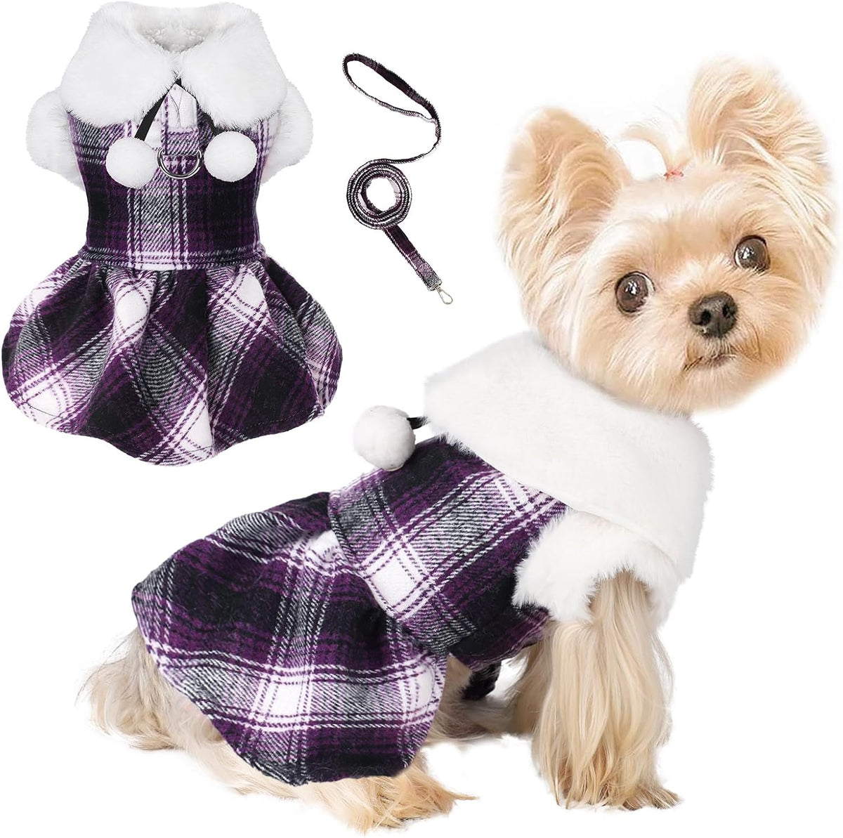 Dog Sweater with Leash Set D Ring Plaid Fleece Dog Clothes for Small - XX-Small (Chest 11in ) / Purple with Leash