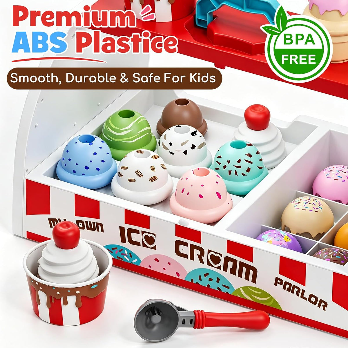 Lehoo Castle ice cream counter toy set with cones, scoop, flavors, toppings and play money - view 7