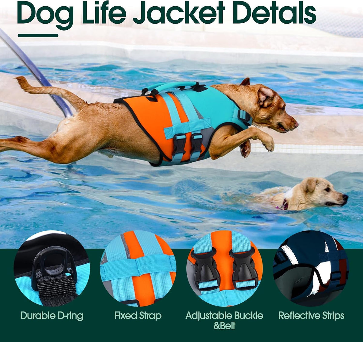 Kuoser Dog Life Jacket with Rescue Handle - Small (Chest Girth:16.9-21.3'') / Blue - image 2