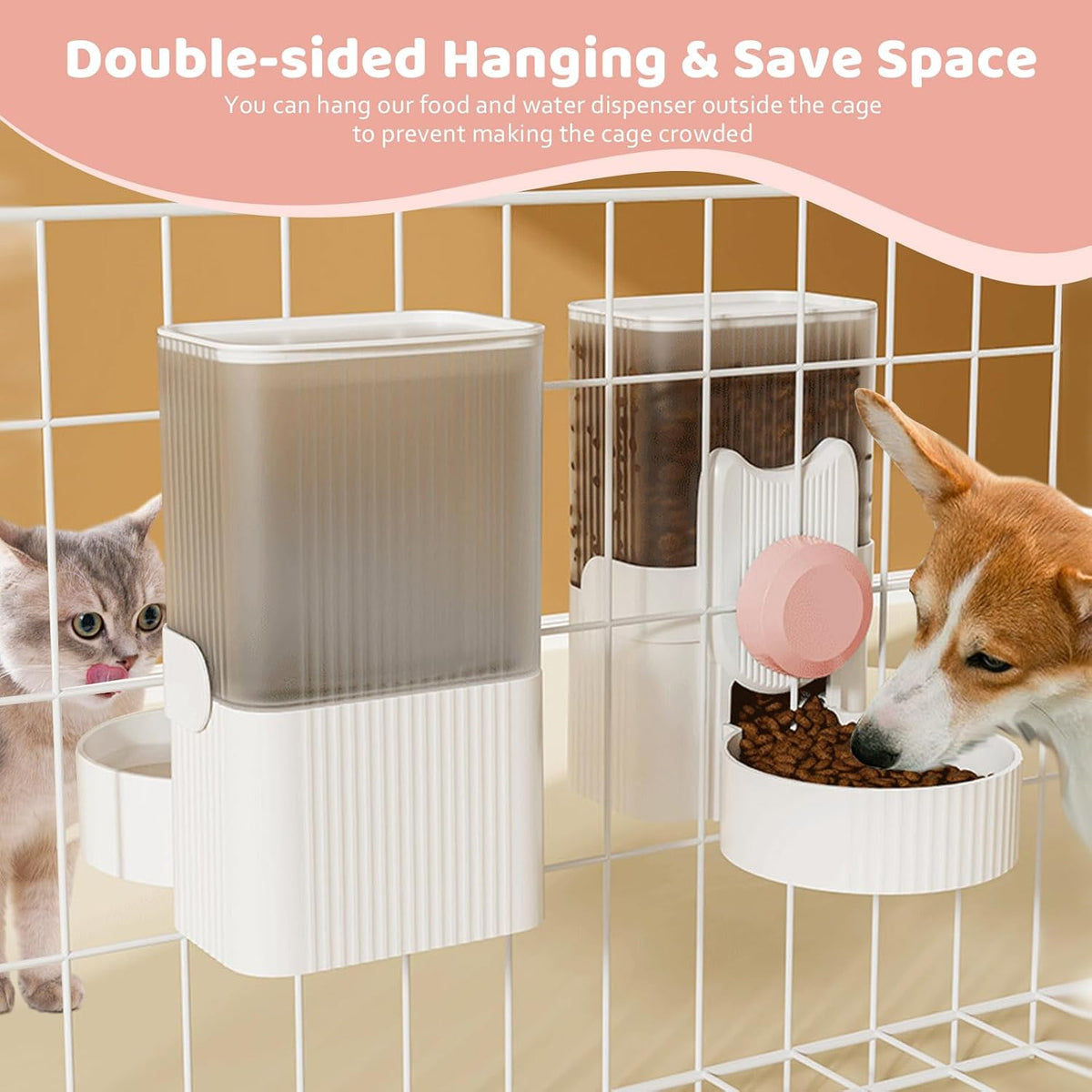 Hanging Cage Auto Pet Food Bowl Water Bottle Dispenser - Pink - image 3