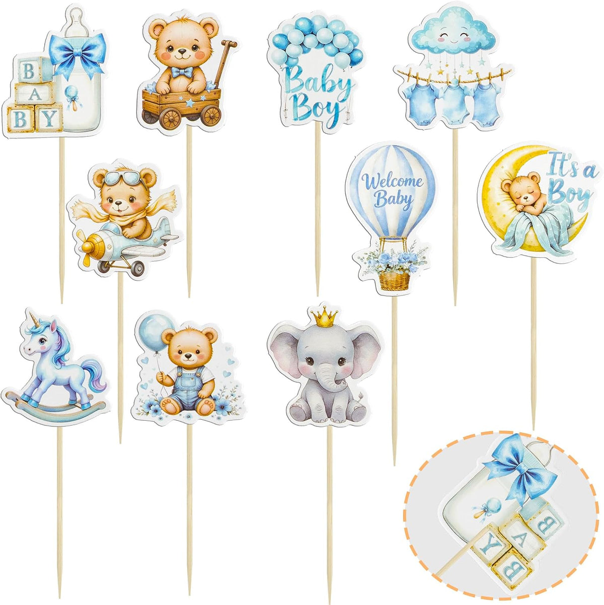 Gyufise 36Pcs Baby Shower Bear Cupcake Toppers Moon Baby Bear Baby - Blue White - image 3