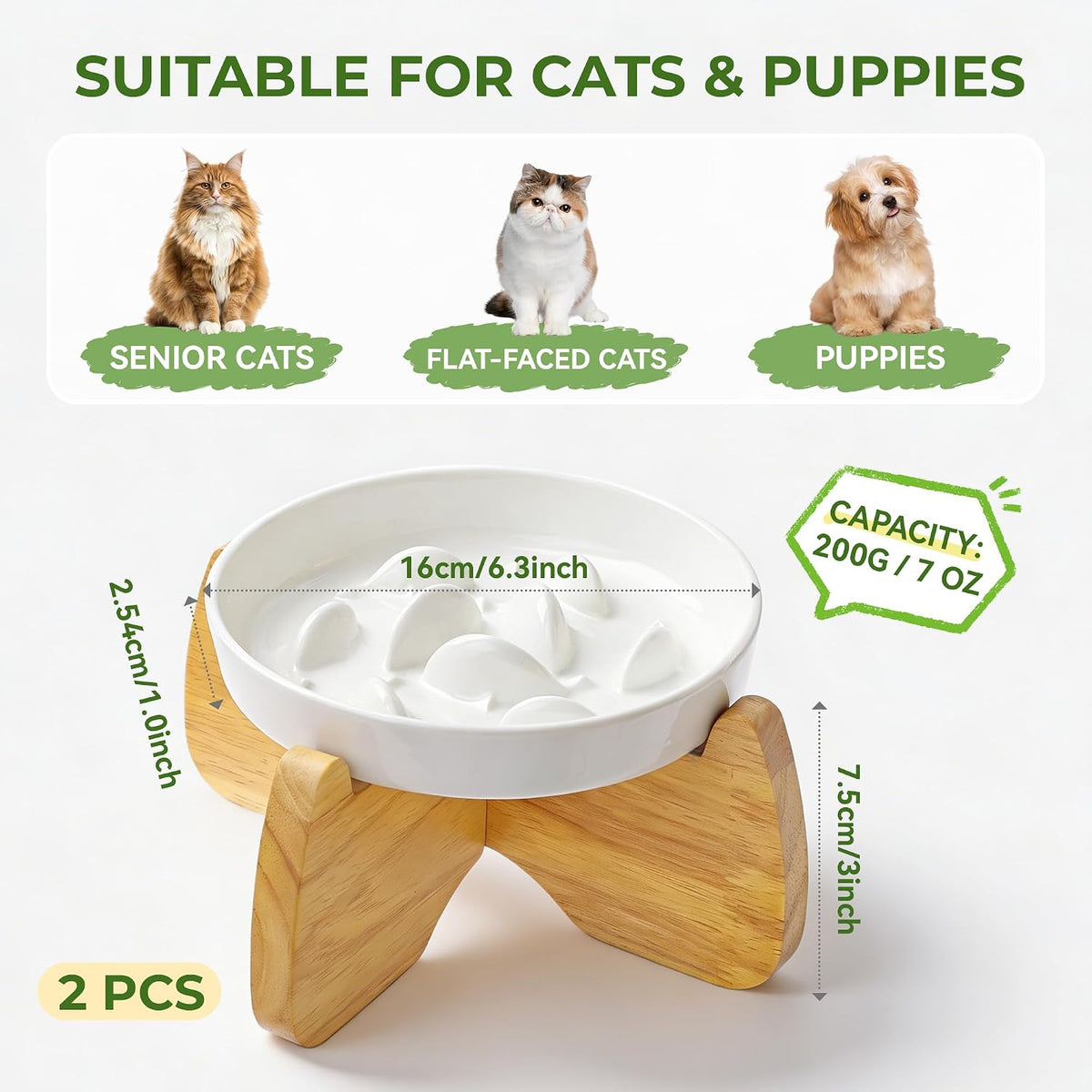 Ceramic Slow Feeder Cat Bowl 6.3" Wide – Essentials for Cats - Raised Flat Bowl & Slow Feeder Bowl - image 2