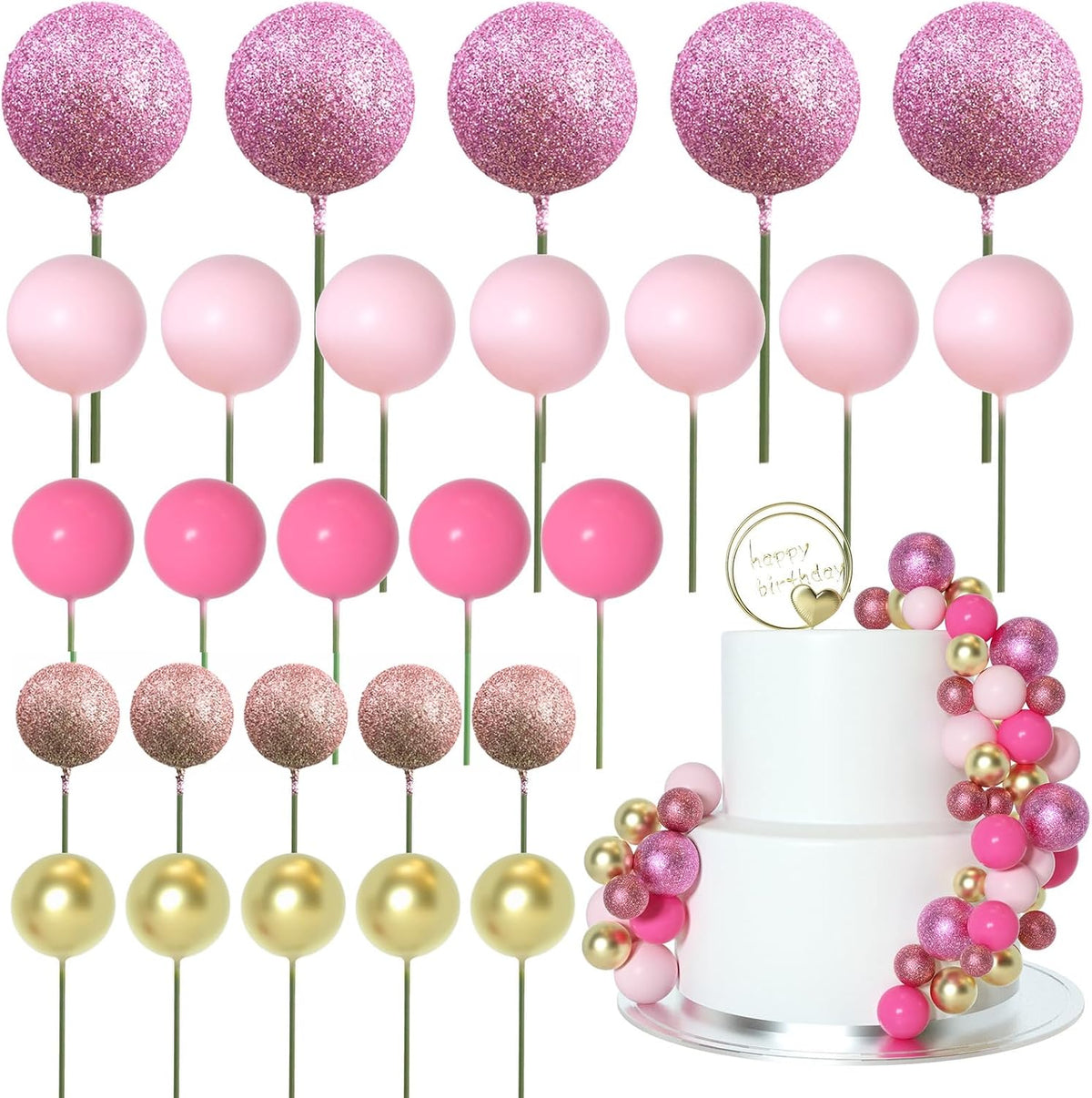 ASTARON 50 Pcs Ball Cake Topper Sticks Mini Balloons for Cake - Pink Series