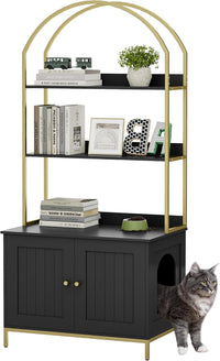 Cat Litter Box Enclosure with 2-Tier Shelves - Black and Gold