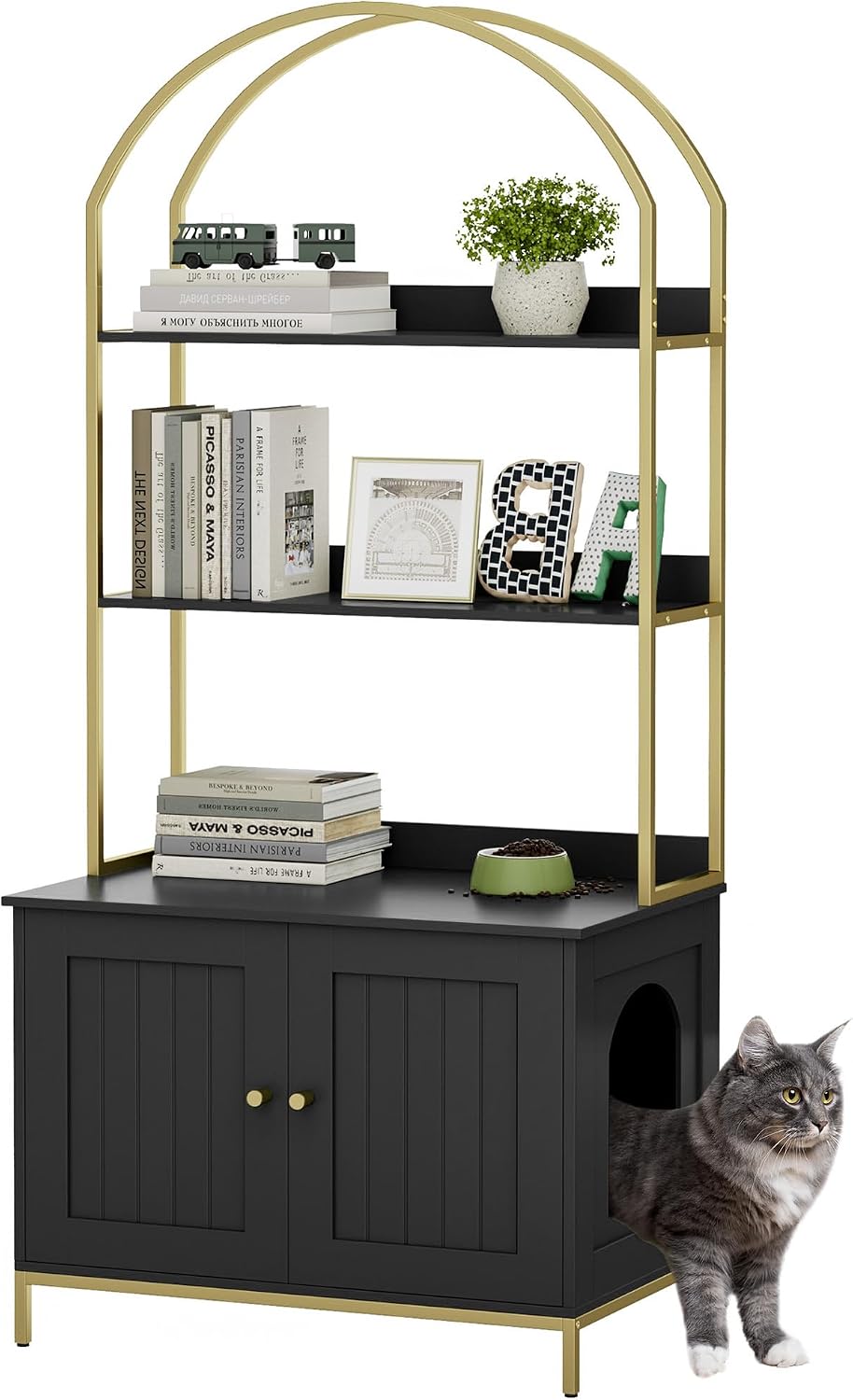 Cat Litter Box Enclosure with 2-Tier Shelves - Black and Gold