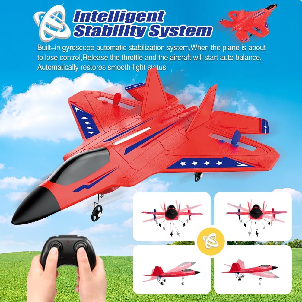 SU-27 RC Airplane,2.4GHz 2 Channel Remote Control Plane with Gyro Night Lights and 2 Batteries - Red 2 Batteries - image 3