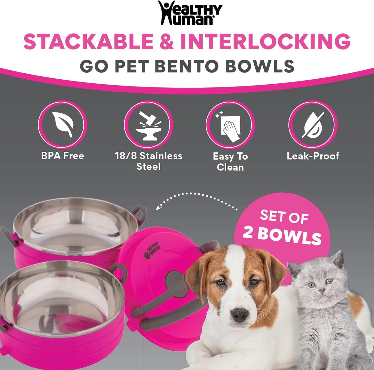 Healthy Human Travel Pet Bento Bowls - 2-Bowl Set / Pink - image 4