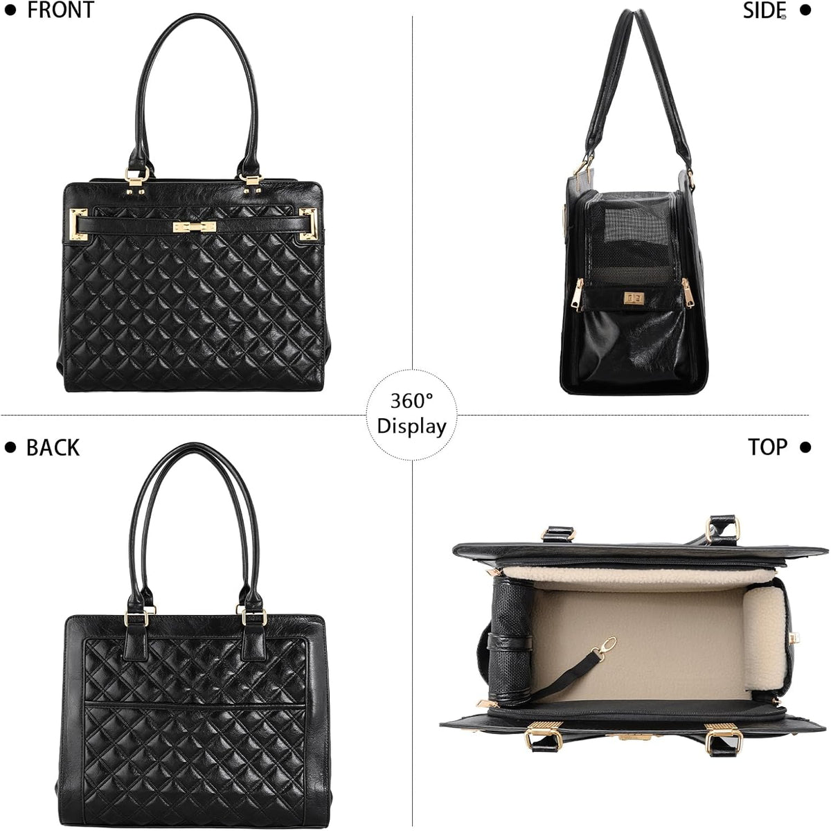 2-in-1 Stylish Dog Purse Carrier Travel Tote Bag for Small Dogs Cats - Black checkered / 15" L x 7.5" W x 12.2" H - image 4