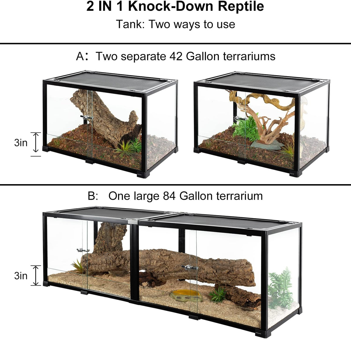 REPTIZOO 84 Gallon Large Reptile Terrarium Extra-Long 60" x 18" x 18" - 60" x 18" x 18" - image 3