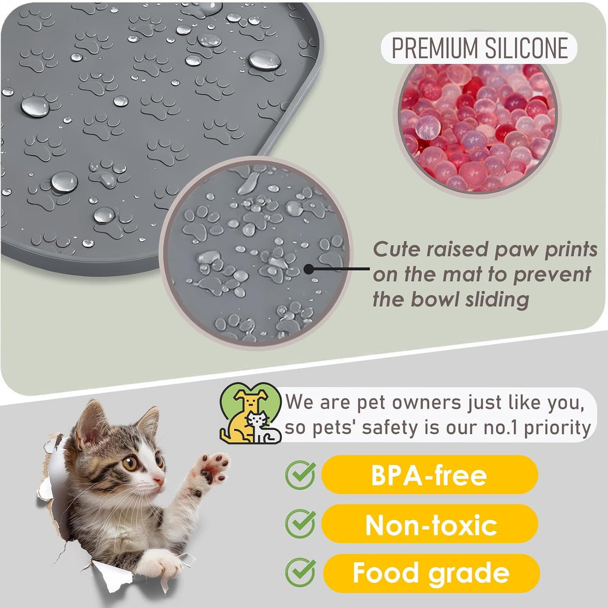 Pet Feeding Mat, Waterproof Anti-Slip Placemats for Dog Cat Bowl Silicone Pet Food Mat, Raised Edge - 2 Black / 11"L x 11"W - image 4