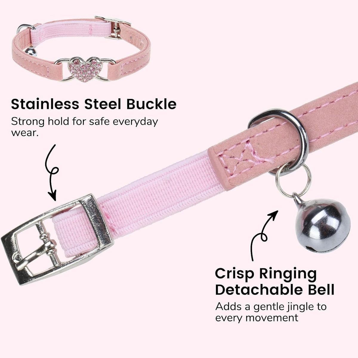 BINGPET Diamond Cat Collar with Bell, Adjustable Kitten Collar - Pink(Heart) / Neck Girth 6"-8" - image 4