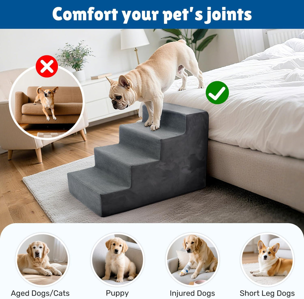 Dog Stairs for Bed, Extra Wide 4-Step Dog Steps for High Bed - Grey / 4 Steps - image 4