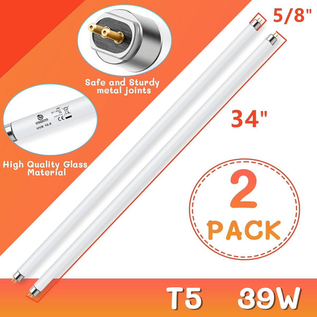 T5 UVB Reptile Light 24W 10.0, UVA UVB Light Bulb for Reptiles - 2 pack T5 Tube-39W 10.0 - image 4