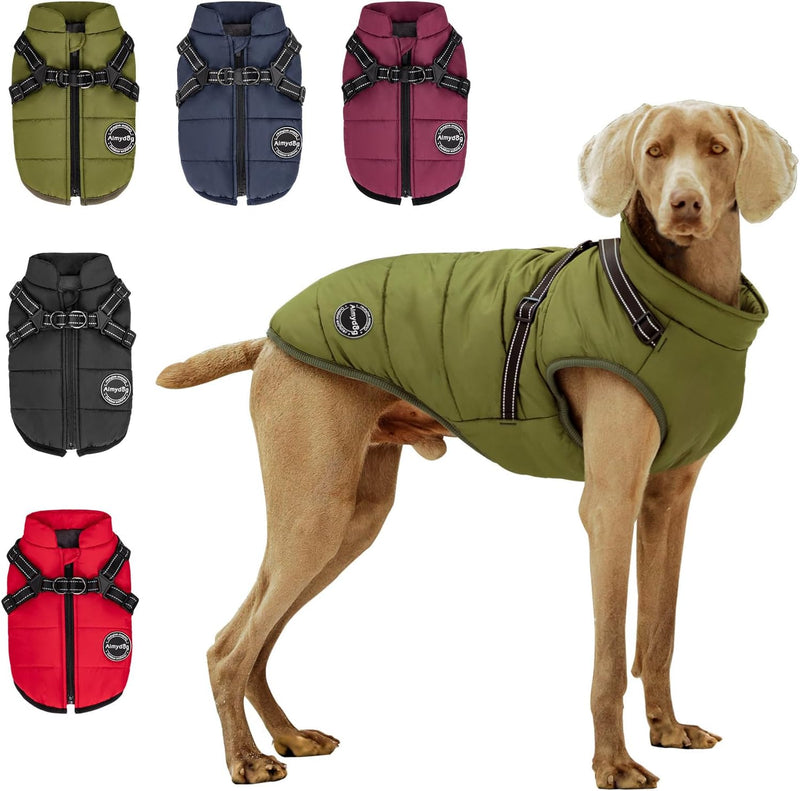 Warm Dog Winter Coat, Fashion Sports Cold Weather Jacket with Built-in Harness, Reflective - Large / Green