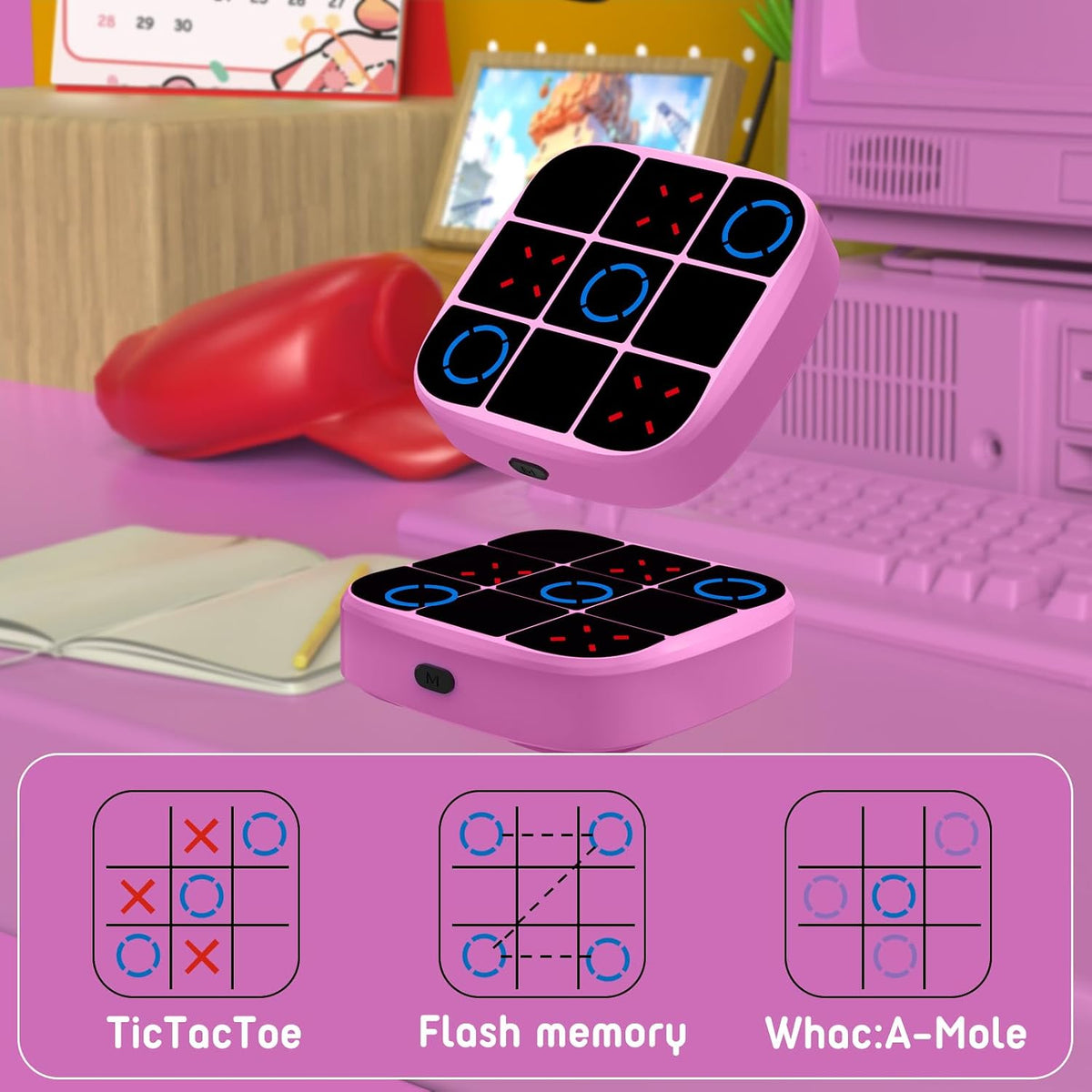 Tic-Tac-Toe Bolt Game, 4-in-1 Handheld Puzzle Games Console, Electronic Tic-Tac-Toe Game - Pink / M(Classic) - image 3