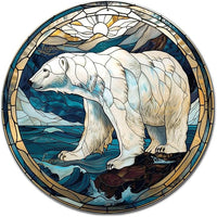 Lygond Metal Tin Sign - Circular Stained Glass Polar Bear Garage Sign For Home Decor - 8x8 Inches