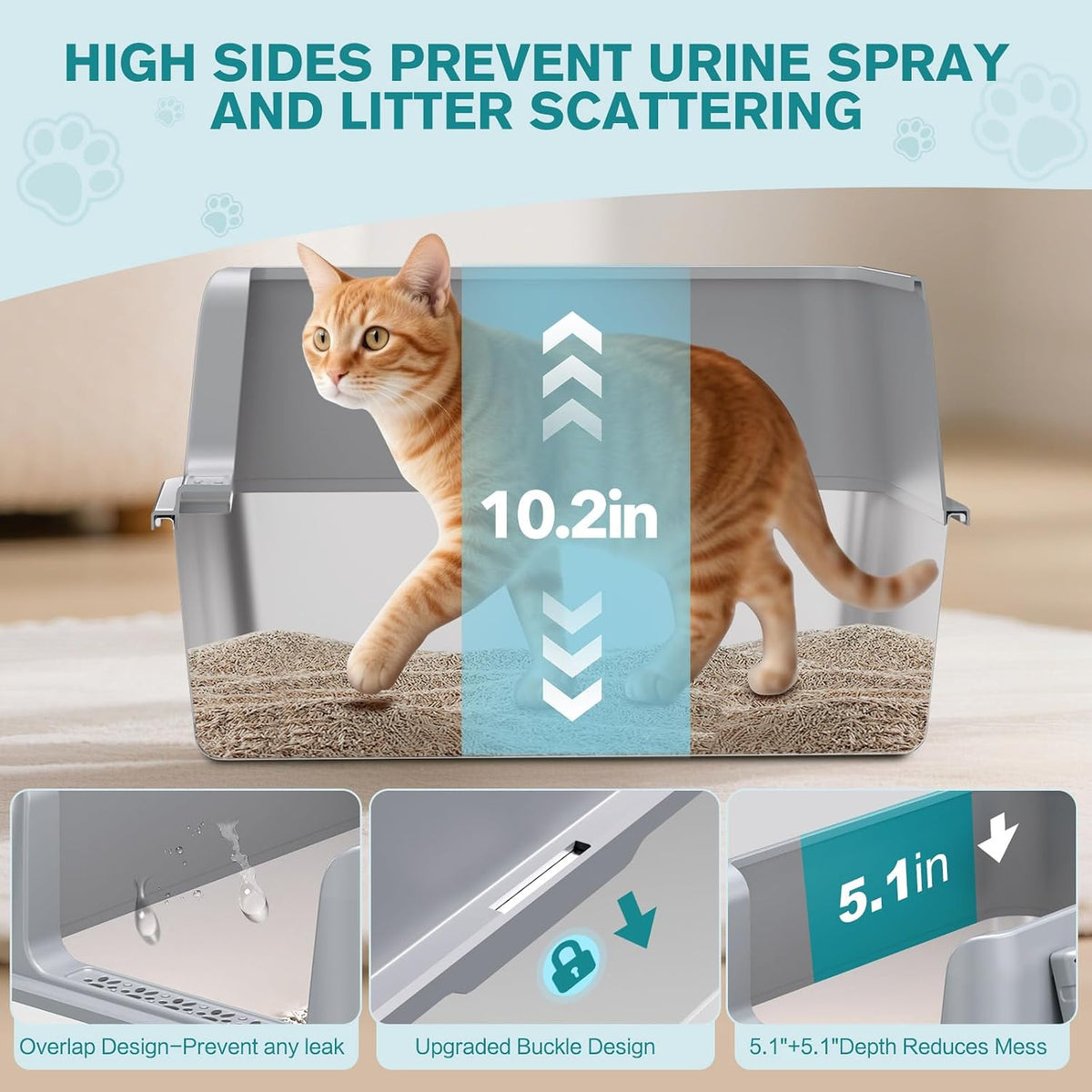 2PACK Stainless Steel Cat Litter Box with High Sides Lid - Light Grey-M - image 3
