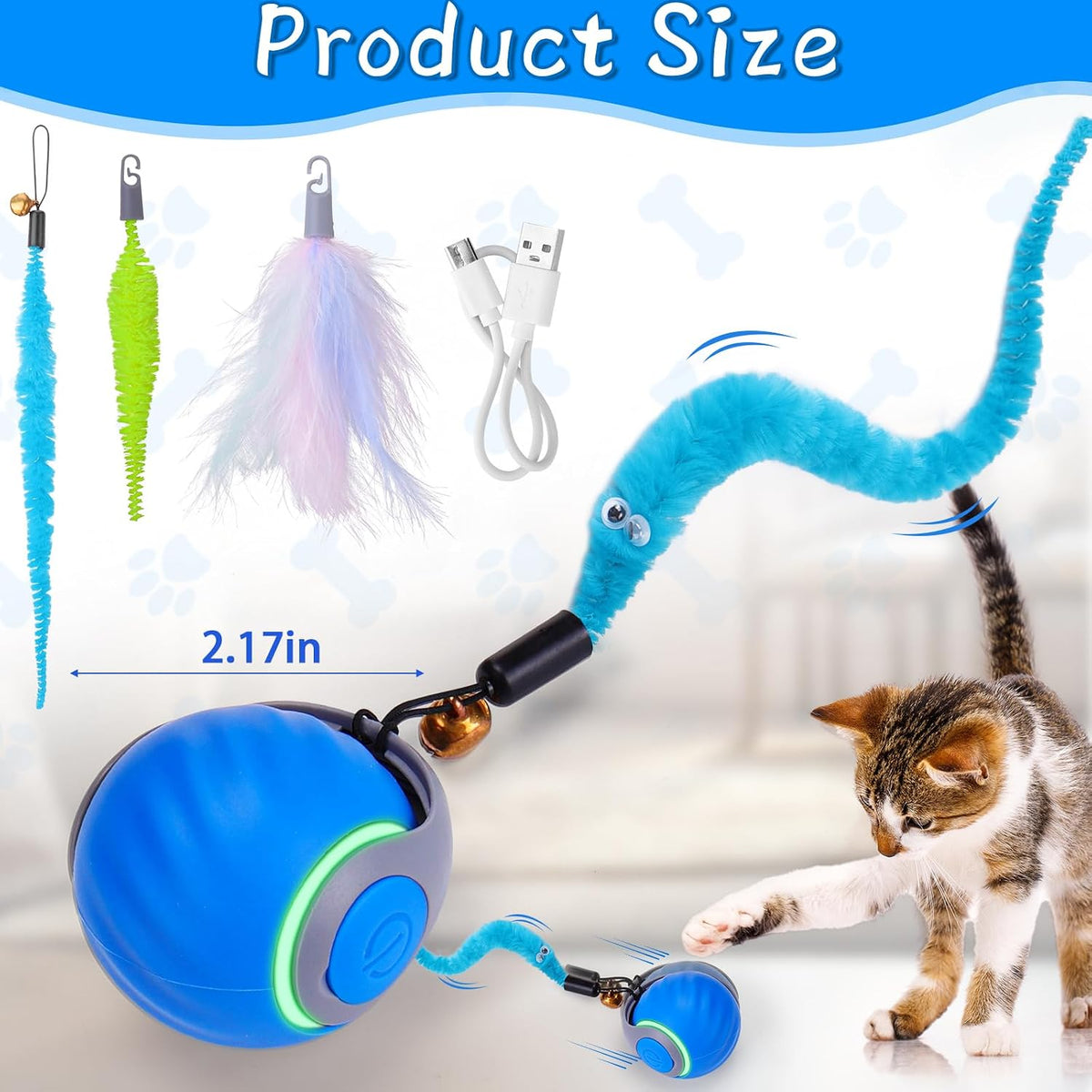 Interactive Cat Toy Ball - Automatic Interactive Cat Toys for Indoor Cats with 3 Tails, 2 Speeds - 1 Pack Blue - image 2