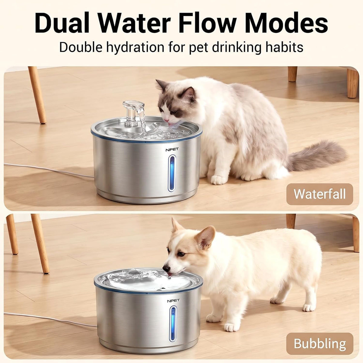 NPET Cat Water Fountain Stainless Steel 1Gal/135oz Automatic Pet - Fountain +3 Filters +3 Sponges - image 2