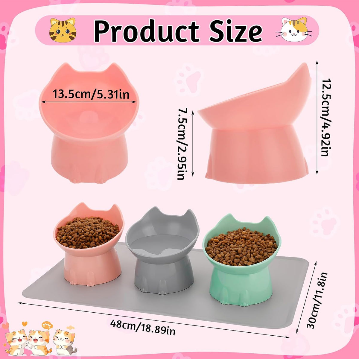 3 Pcs Raised Cat Bowl 15° Elevated Cat Food Bowl Tilted Cats Bowls - Pink, Green, Gray - image 2