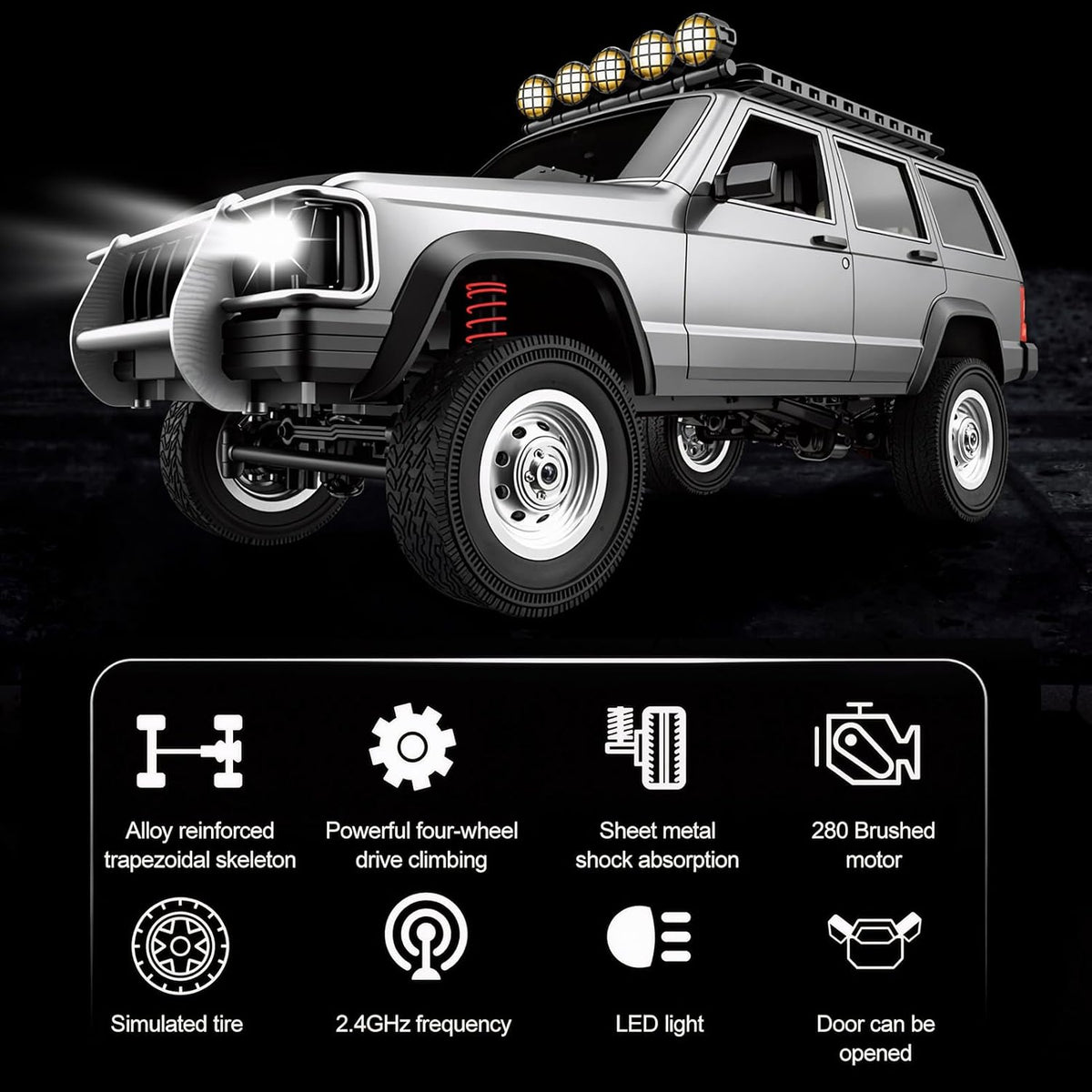 Goolsky silver 1:12 scale RC rock crawler with LED lights on rocky ground - view 7
