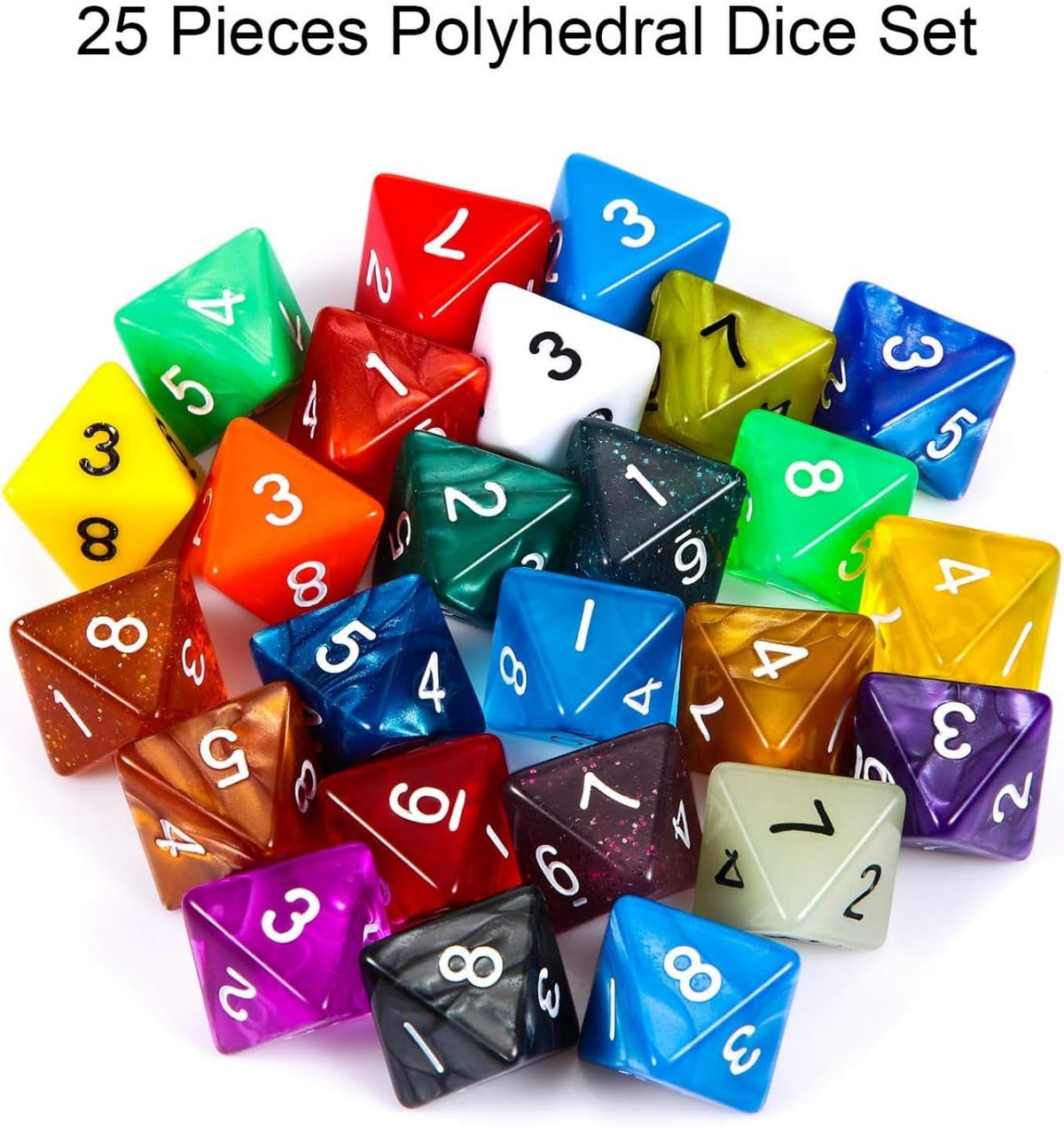 TecUnite 25 Pcs Polyhedral Dice Set, Transparent Mixed Color - Transparent and Dots / 8 Sides - image 4