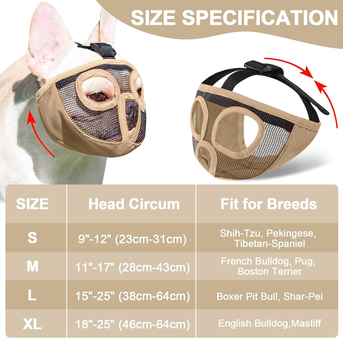 Short Snout Dog Muzzle - Adjustable Breathable Mesh Bulldog Muzzle for Biting Chewing Barking - Khaki / Large/15"-25" - image 4