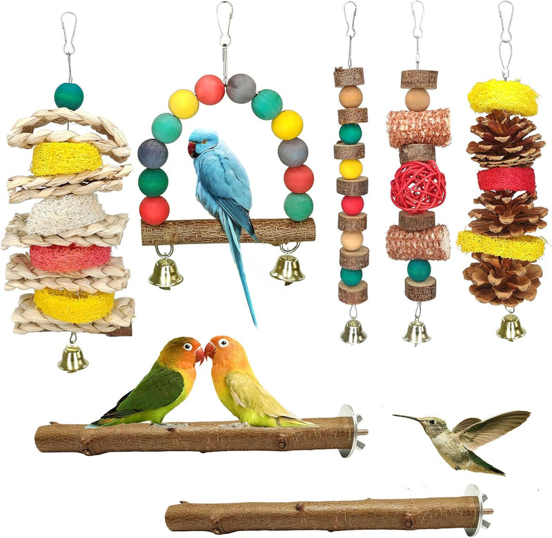 7 Pcs Natural Wood Bird Toy & Perch for Parakeets