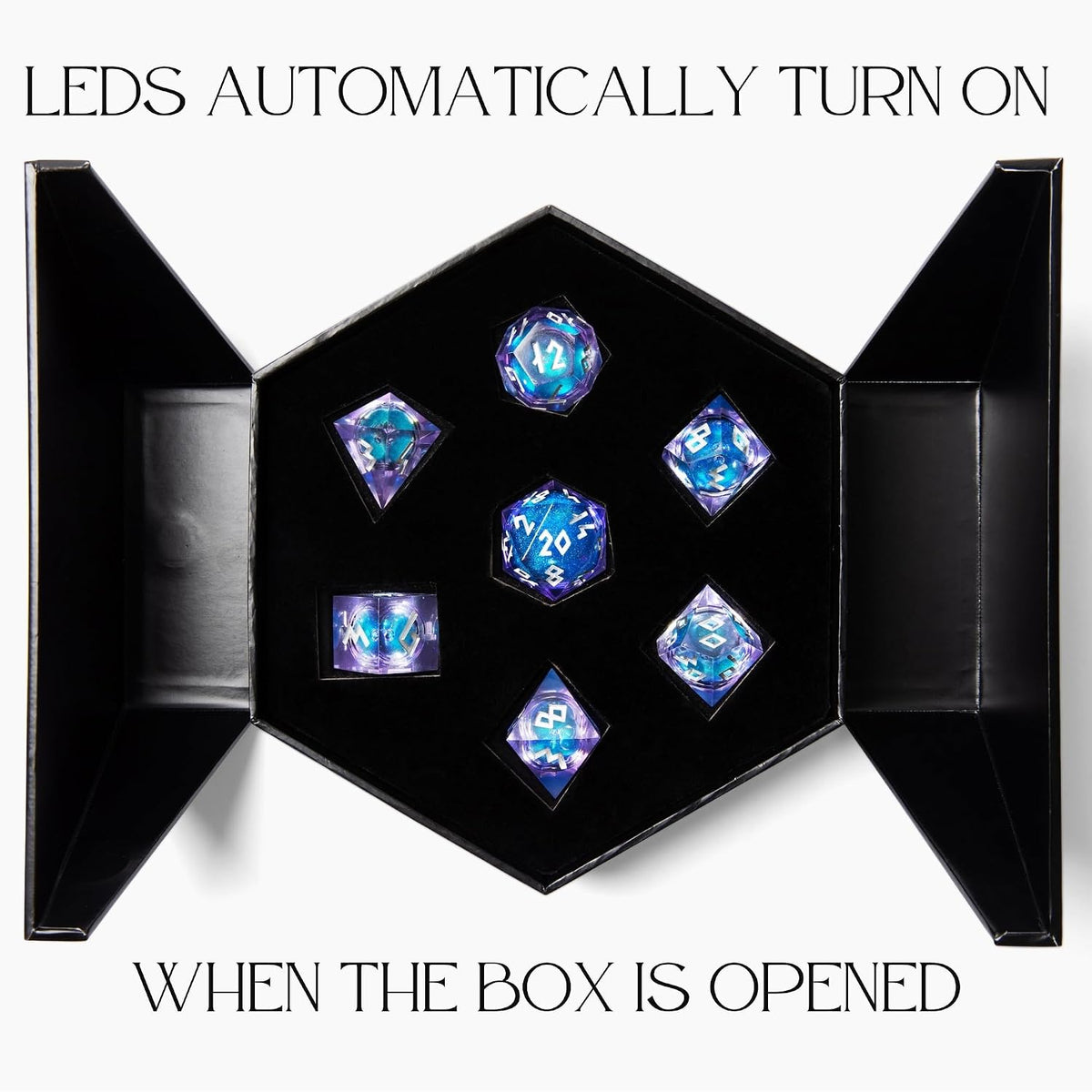 HEIMDALLR liquid core DND dice set in Fenrir's Shadow with glowing LED display box - view 35
