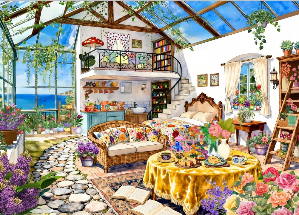1000 Piece Jigsaw Puzzle, French Riviera Flower Market - Sea-view Room