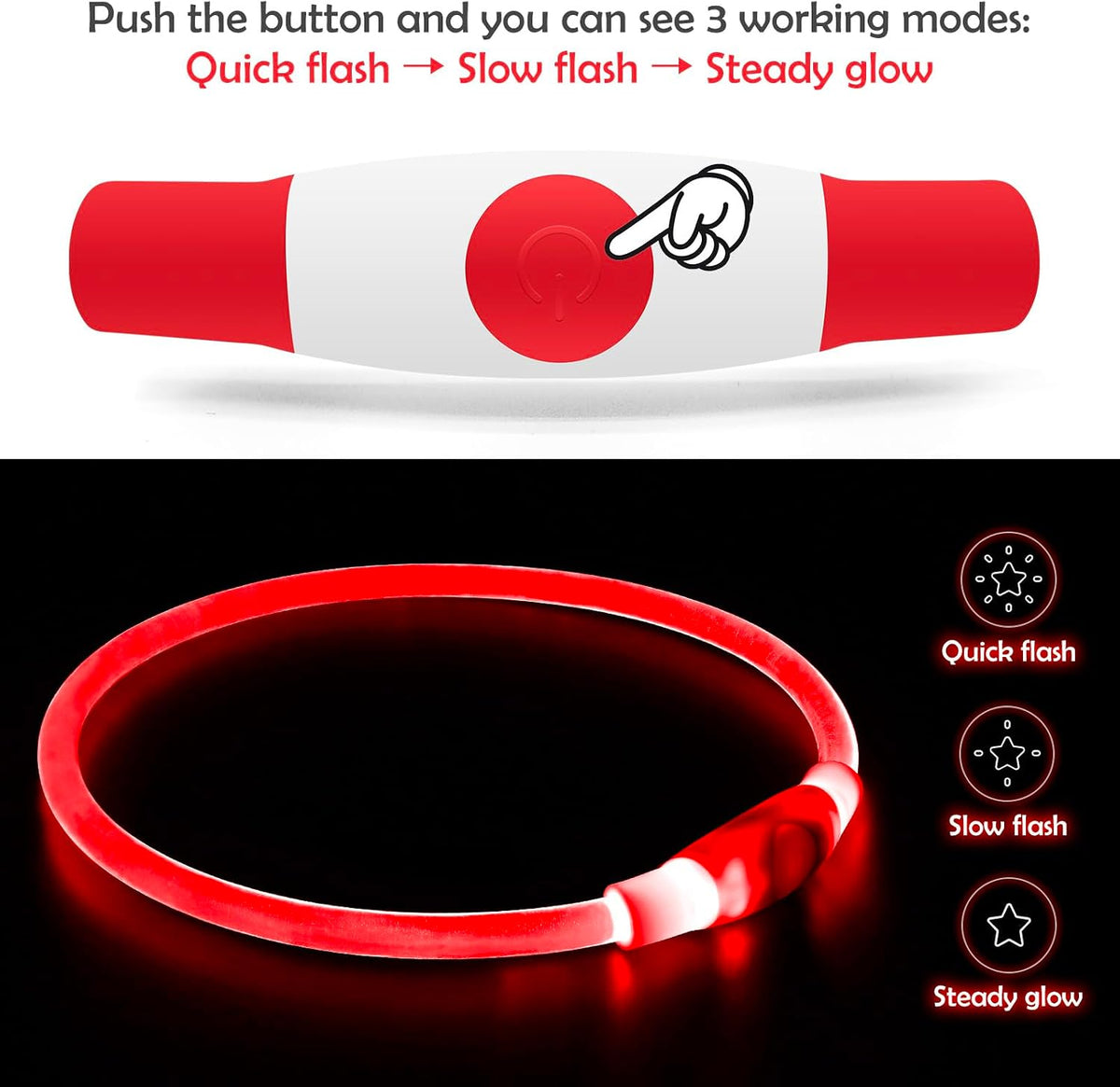 Led Dog Collar, BSEEN USB Rechargeable Flash Light up Dog Collar – Essentials for Dogs - Red - image 2