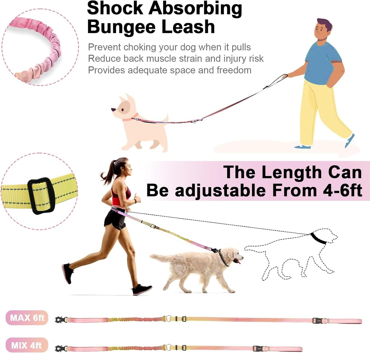 Heavy Duty Hands Free Dog Leash with Quick Release Carabiner - Pinkish Yellow - image 3