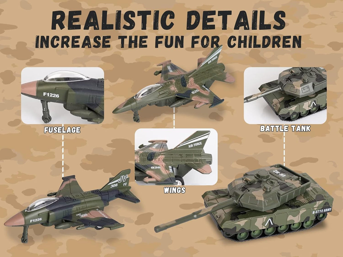 Crelloci 5 pack pull back army toys, three camo fighter jets and two tanks - view 11