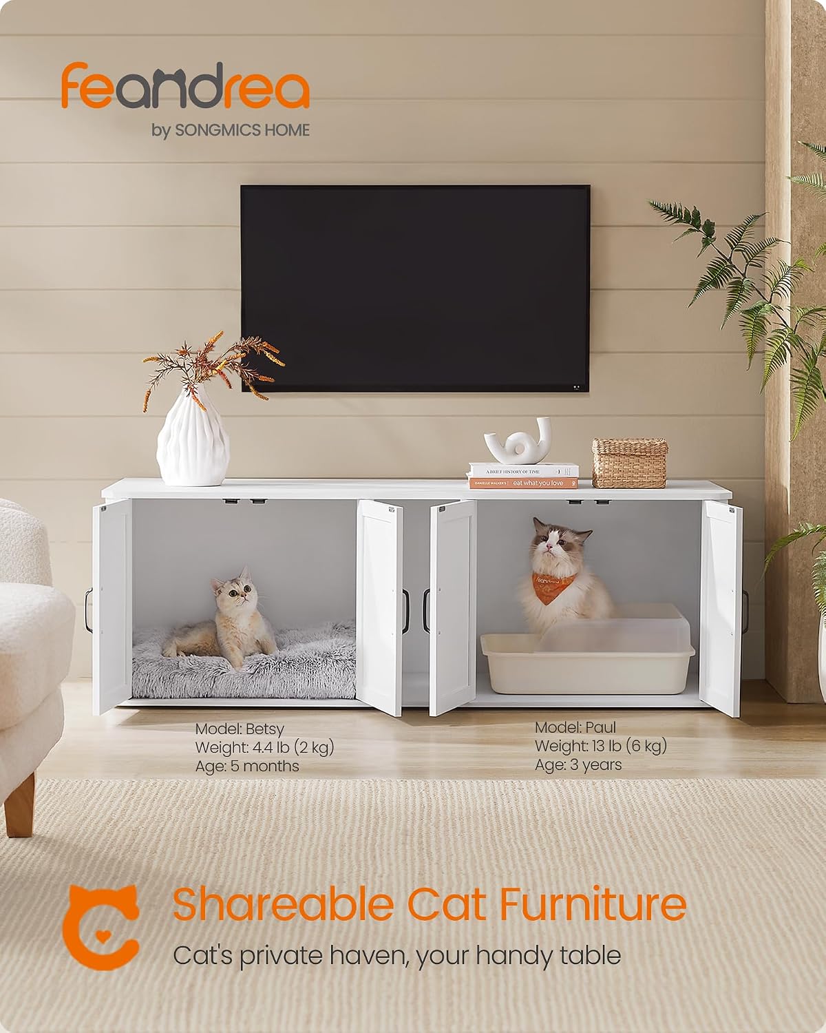 Feandrea Double Cat Litter Box Enclosure for 2 Cats, Front Entry – Essentials for Cats - Cloud White / XXL (59"L x 19"W x 19.5"H) - image 2