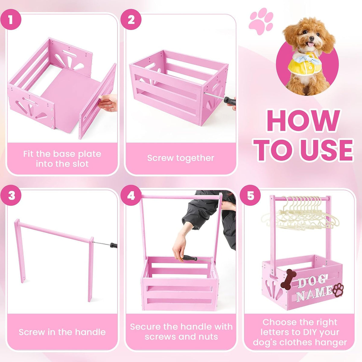 Wooden Dog Closet, Pet Wardrobe with Hanging Rod for Small Dog - Pink - image 3