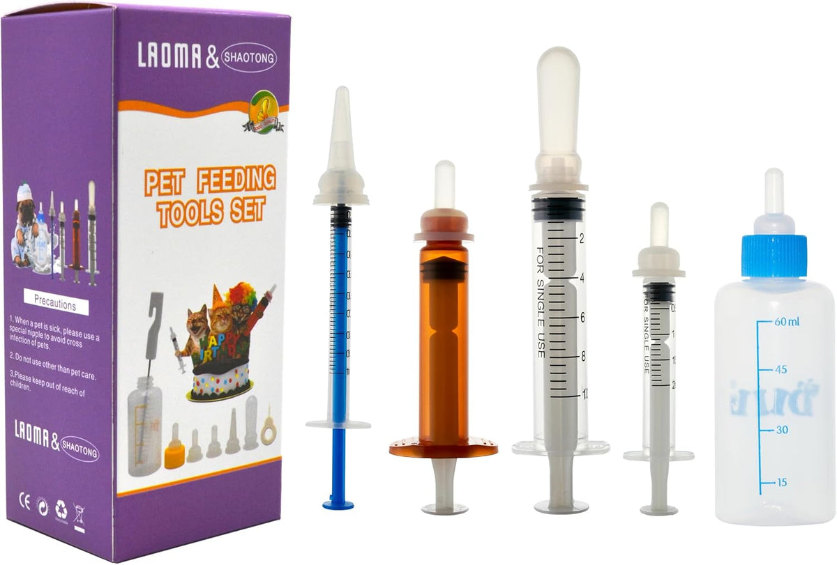 Pet nursing bottle kit with 60 ml bottle, silicone nipples and syringes