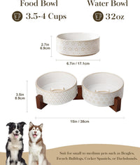 MALACASA Dog Bowl Set, Ceramic Bowls with Walnut Wood Stand - Five-leaf Grass+Honeycomb / 4 Cups - image 2