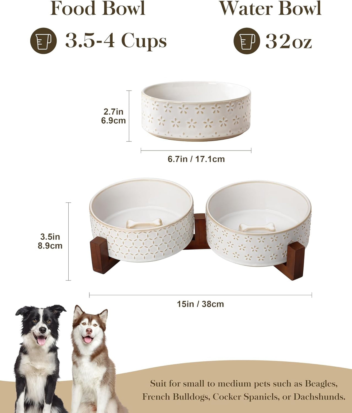 MALACASA Dog Bowl Set, Ceramic Bowls with Walnut Wood Stand - Five-leaf Grass+Honeycomb / 4 Cups - image 2