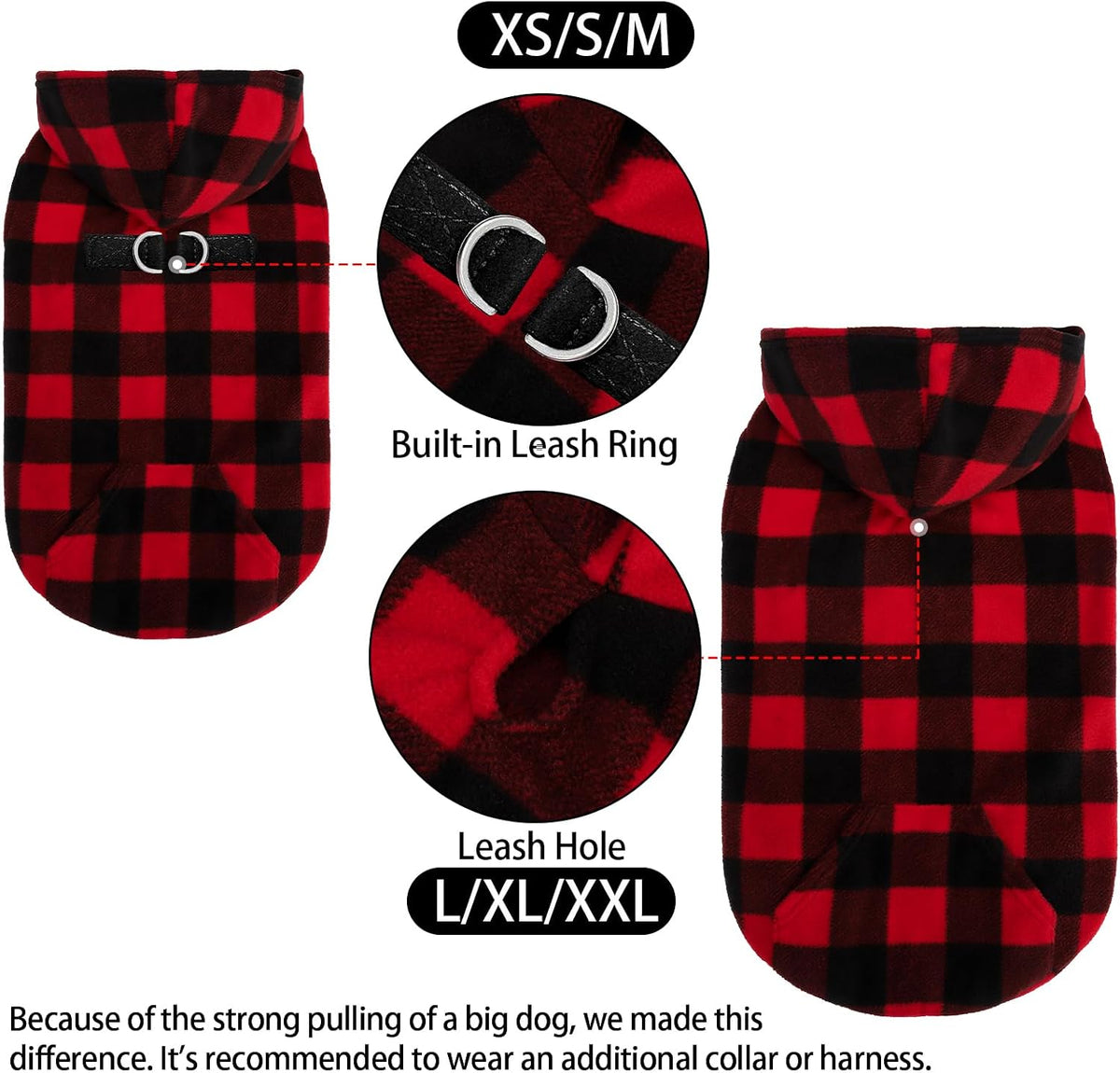 Fleece Dog Hoodie with Pouch, Green S – Essentials for Dogs - Medium / Buffalo Check - image 3