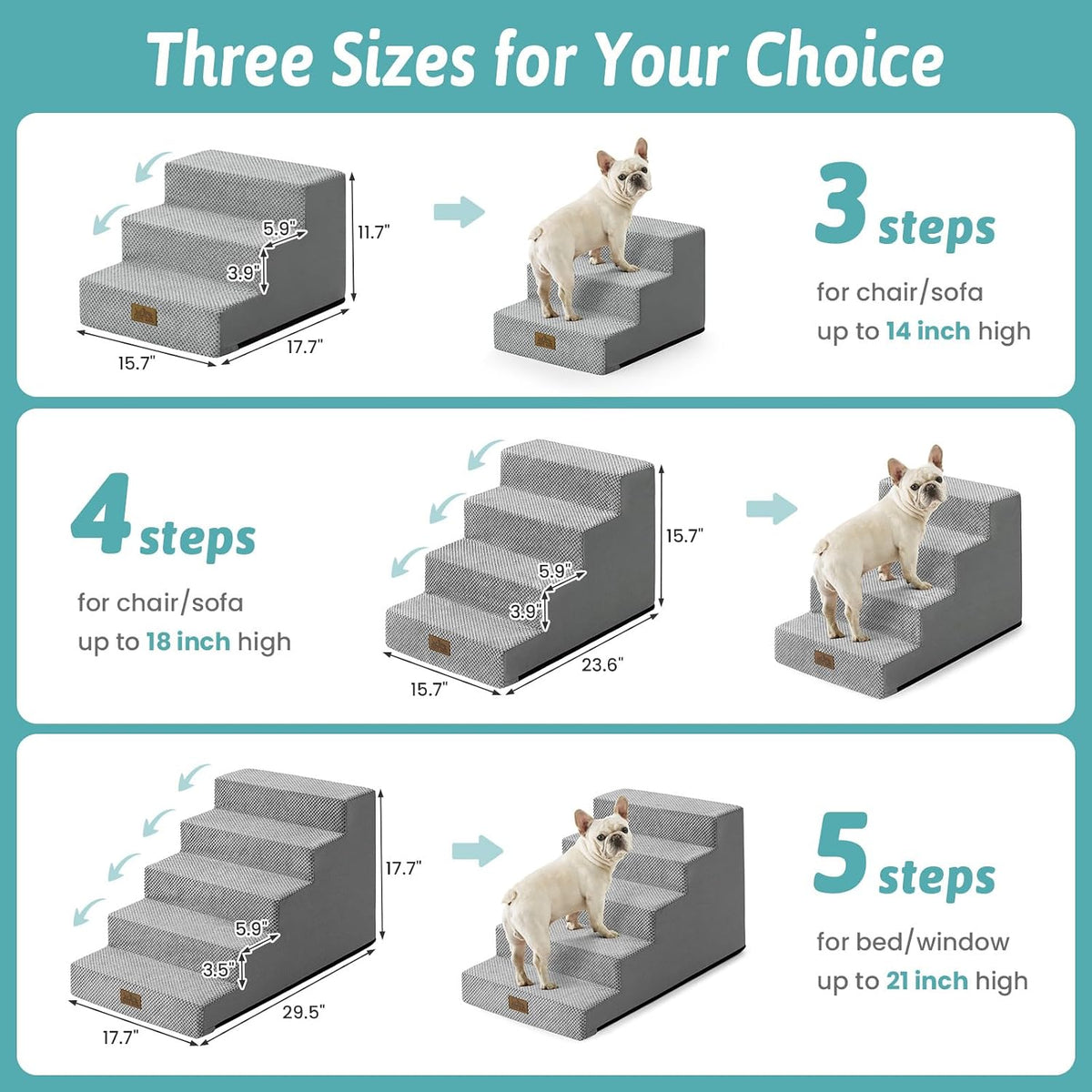 COZY KISS Dog Stairs for Small Dogs - Slope-Grey / 5 / 17.7x29.5x17.7 inch - image 3