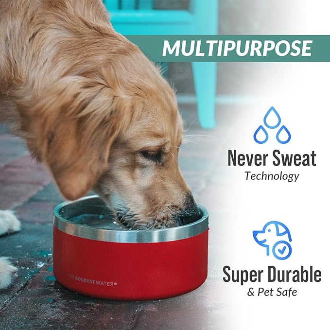 Coldest Dog Bowl - Anti Rust Metal, Non Slip, 3 Layers Insulated Stainless Steel Dog Bowls - Spill Proof & Heavy Duty - Water Bowl for Dogs, Cats & Pets, Dish Washer Safe (100 oz, Candy Red Glitter)