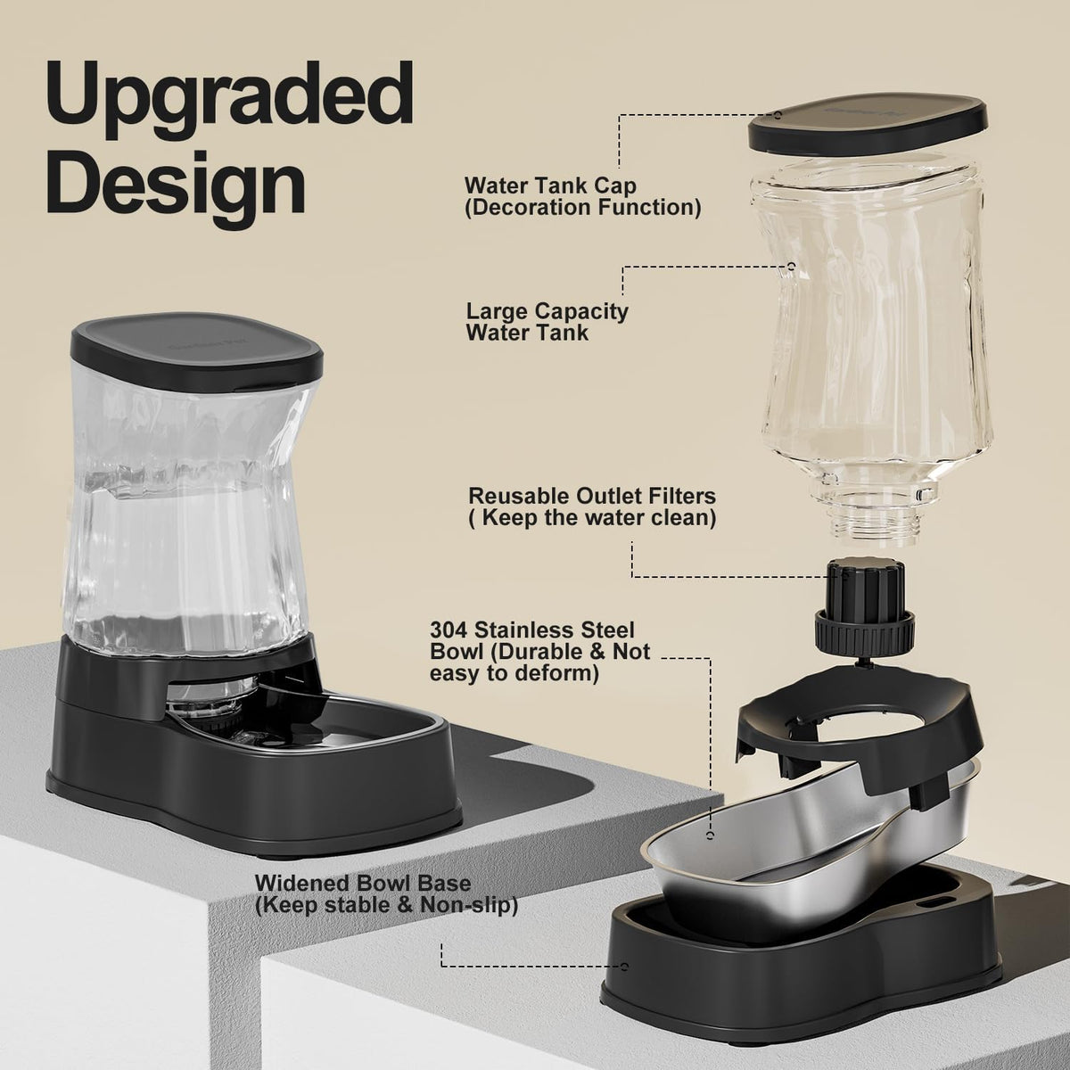 Automatic Dog Water Dispenser, Stainless Steel Bowls Feeder - Black / 2.1 Gallon - image 3
