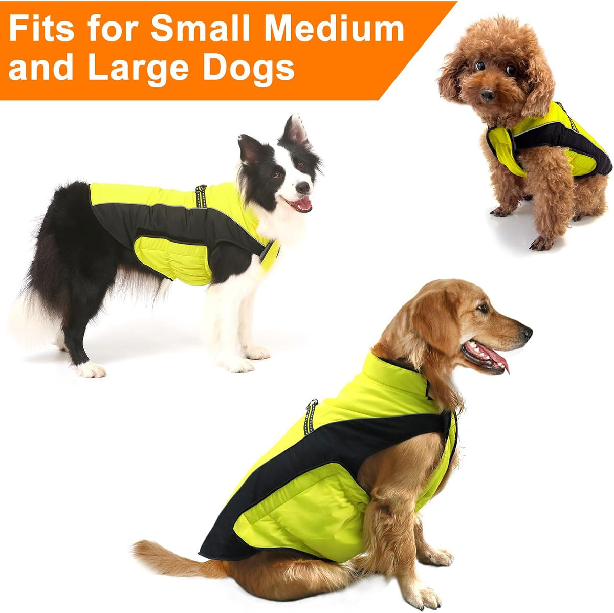 Gimilife Dog Coat, Waterproof Reflective Warm Dog Jacket Clothes for Winter – Essentials for Dogs - Fluorescent Yellow / XL ( 42-65 LB | 20.47"Neck Girth ) - image 3